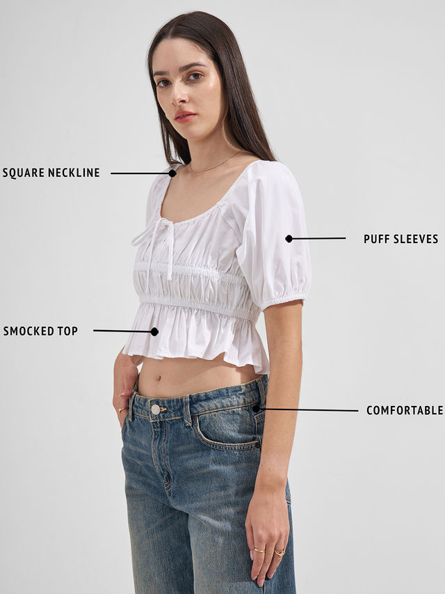 Tokyo Talkies Women Square Solid Neckline Smocked Top - Buy at