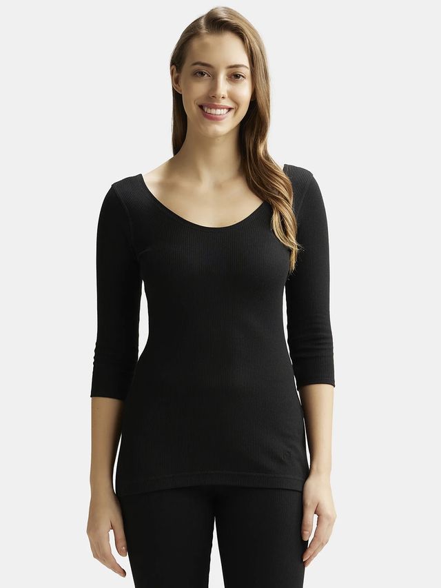 Jockey 2503 Women's Super Combed Cotton Rich 3/4 Sleeve Thermal Top | Black-S