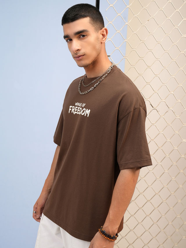 Highlander Men's Brown Round Neck Half Sleeve Drop Shoulder Over