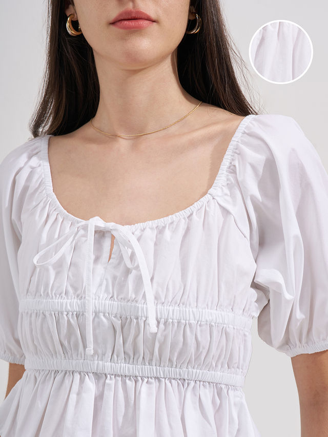 Tokyo Talkies Women Square Solid Neckline Smocked Top - Buy at