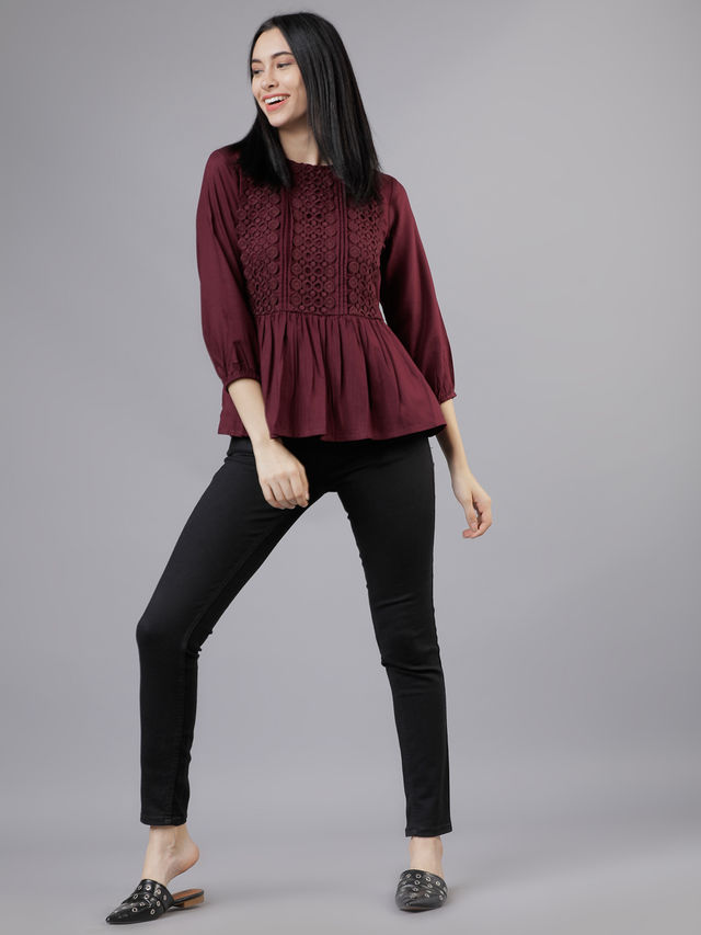 Tokyo Talkies Women's Lace Inserts Peplum Top - Buy at ₹600