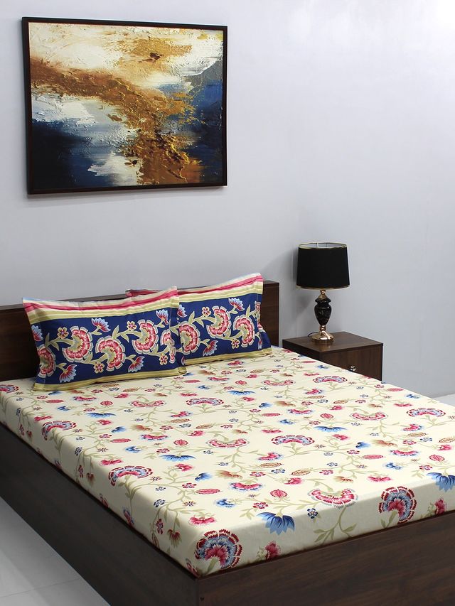 Bombay Dyeing Ivyrose 110 Tc 100% Cotton Rust Queen Bedsheet With 2 Pillow Covers - Cream