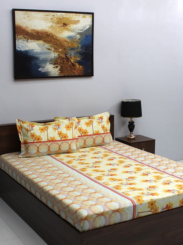 Bombay Dyeing Ivyrose 110 Tc 100% Cotton Queen Bedsheet With 2 Pillow Covers - Yellow White