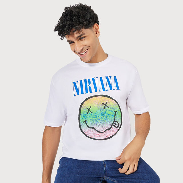 Styli Men's Oversized Tee with Nirvana Graphic Sticker Print in