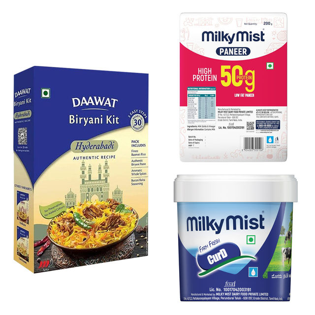Dawaat Biryani Kit Hyderabadi Ready To Cook (334g) & Milky Mist High Protein Paneer (200g) & Milky Mist Set Curd Tub (1l) Combo