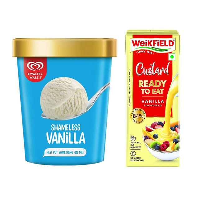 Weikfield Custard Ready To Eat - Vanilla (200ml) & Kwality Wall'S Shameless Vanilla Tub (700ml) Combo