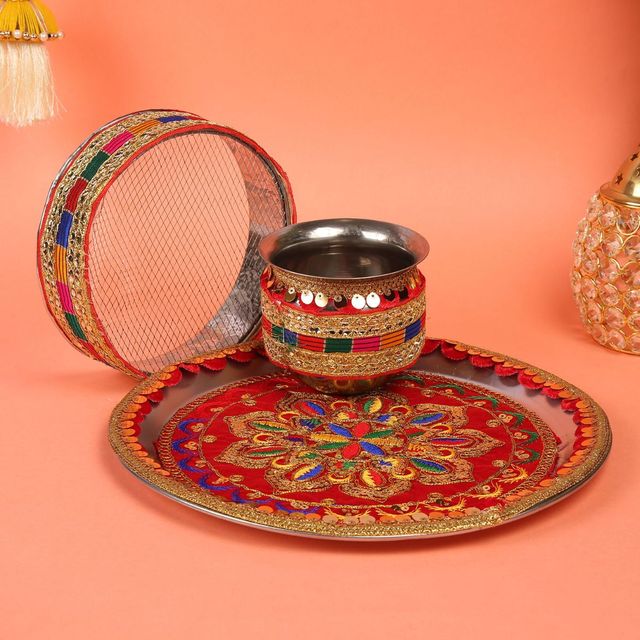 Sanskriti Traditional Red Handcrafted Karwa Chauth Designer Thali Set