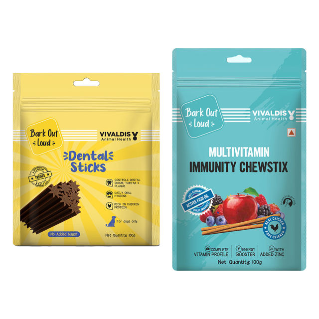 Bark Out Loud Dental Stick-Removes Plaque & Tartar, No Sugar Dog Treats (100g) & Bark Out Loud - Multivitamin Dog Treats, Fresh Chicken Immunity Chewstix With Omega & Zinc To Boost Health (100g) Combo
