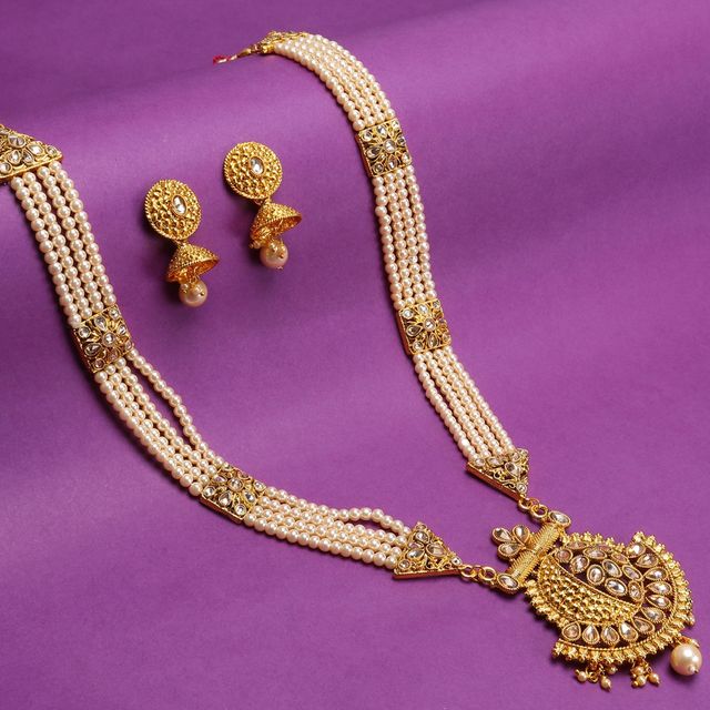 Sukkhi Classic Lct Gold Plated Pearl Long Haram Necklace Set For