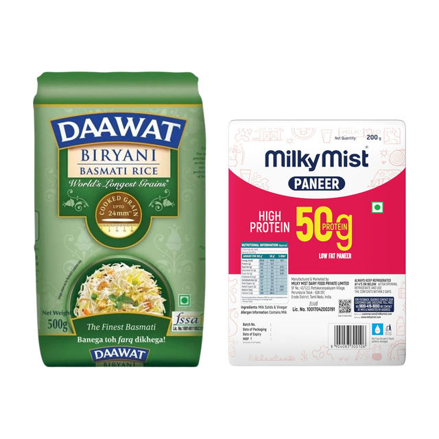 Daawat Biryani Rice | Long Grain (500g) & Milky Mist High Protein Paneer (200g) Combo