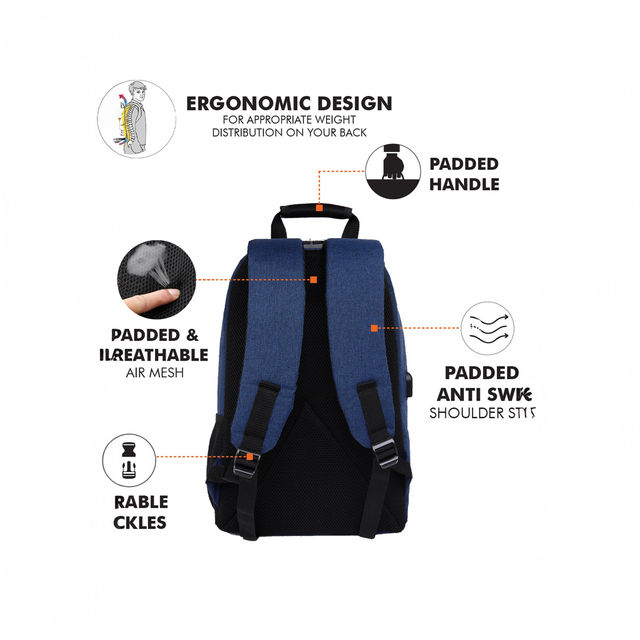 Fur Jaden 22 L Navy Anti-Theft Backpack with USB Port and Number