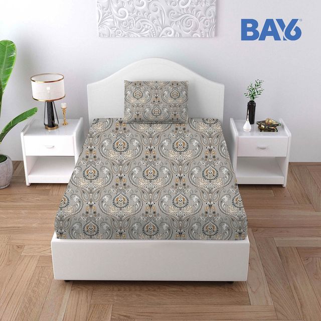 BAY6 Microfibre Single Bedsheet - Grey & Beige | 150 x 220 cm + Pillow Cover | 40 x 40 cm