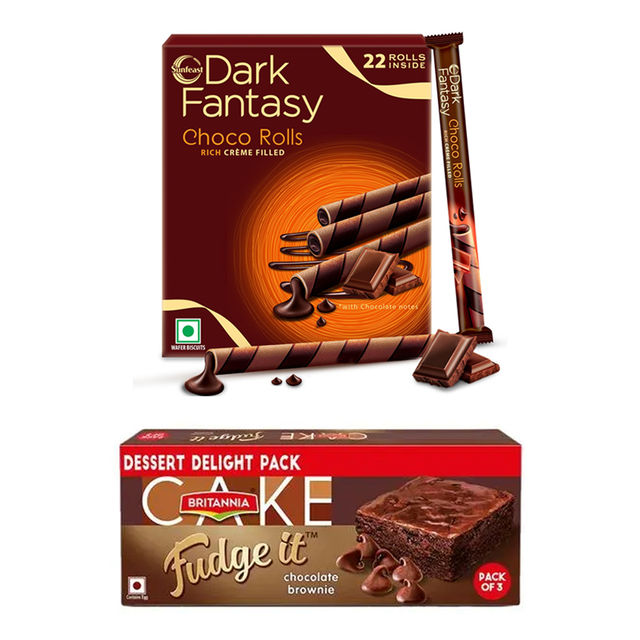 Sunfeast Dark Fantasy Choco Rolls (198g) & Britannia Fudge It Chocolate Brownie (With Egg) (120g) Combo