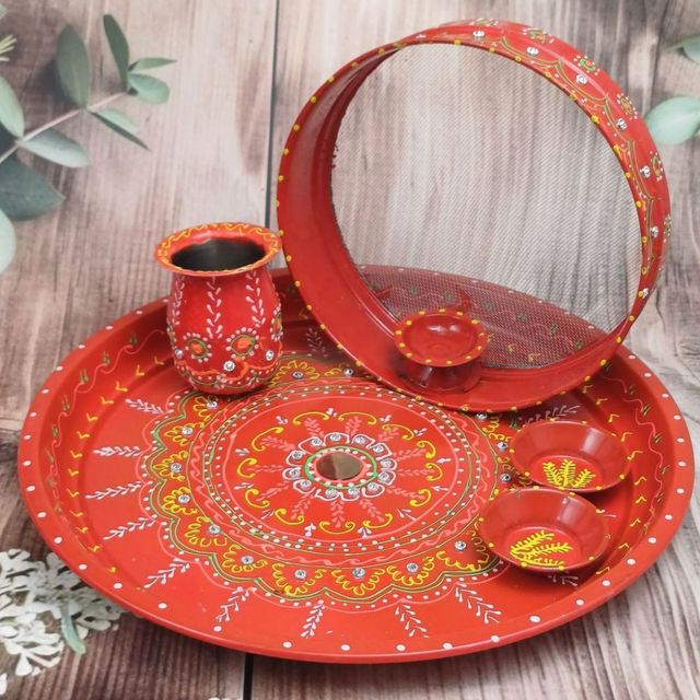Pooja Thali Kalash Set Stainless Steel Handpainted With 10 Inch Thali