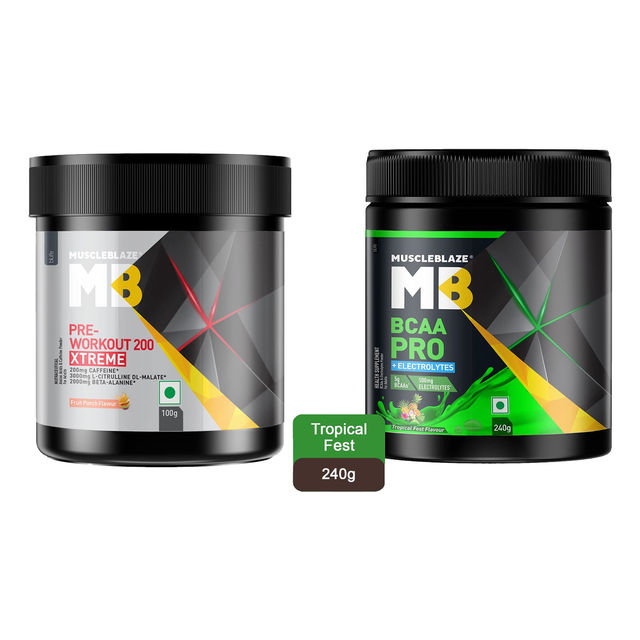 Muscleblaze Bcaa Pro, Powerful Intra Workout With 5 G Vegan Bcaas (Tropical Fest, 30 Servings) (240g) & Muscleblaze Pre Workout 200 Xtreme (Fruit Punch, 15 Servings) (100g) Combo