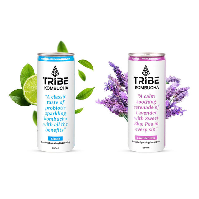 Tribe Naturally Sparkling Probiotic Green Tea With Herbs & Spices Kombucha (250ml) & Tribe Naturally Sparkling Probiotic Green Tea With Blue Pea & Lavender Kombucha (250ml) Combo
