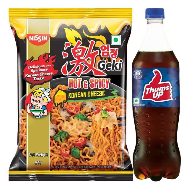 Nissin Geki - Hot And Spicy Korean Cheese Flavoured Ramen Instant Noodles (80g) & Thums Up Soft Drink (750ml) Combo