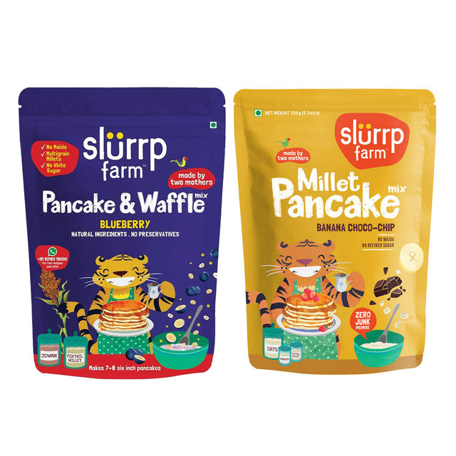 Slurrp Farm Millet Eggless Pancake Mix With Blueberries | No Maida | Healthy Breakfast (150g) & Slurrp Farm Millet Eggless Pancake Mix With Banana Choco Chip | No Maida | Healthy Breakfast (150g) Combo