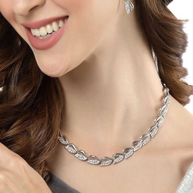 Zeneme Silver-Plated American Diamond Studded Jewellery Set For