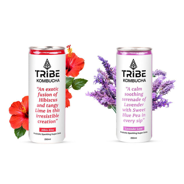 Tribe Naturally Sparkling Probiotic Green Tea With Blue Pea & Lavender Kombucha (250ml) & Tribe Naturally Sparkling Probiotic Herbal Green Tea With Hibiscus & Lemon Kombucha (250ml) Combo