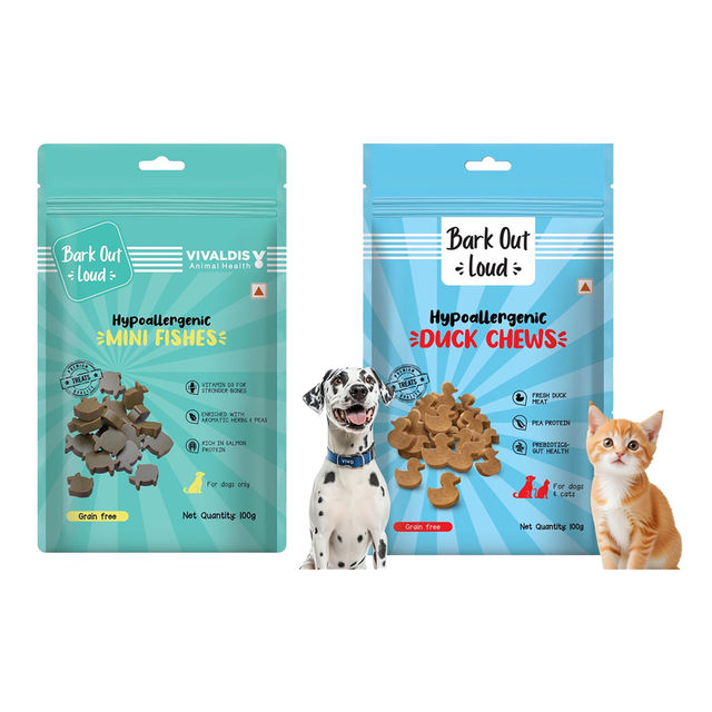 Bark Out Loud Duck Meat Treats For Cats And Dogs Hypoallergenic (100g) & Bark Out Loud Mini Fishes Dog Treats - No Grain & Hypoallergenic Snack For Dogs (100g) Combo