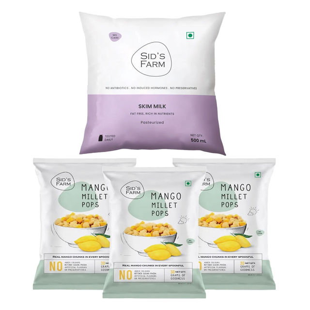 Sid'S Farm Mango Millet Pops (90g) & Sids Farm Skim Milk (500ml) Combo