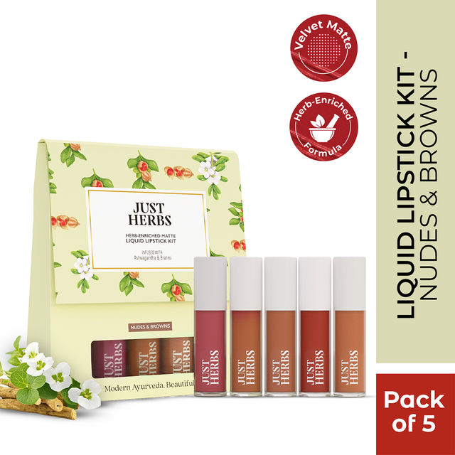 Just Herbs Enriched Liquid Lipstick Kit | Set Of 5 | Nudes And Browns