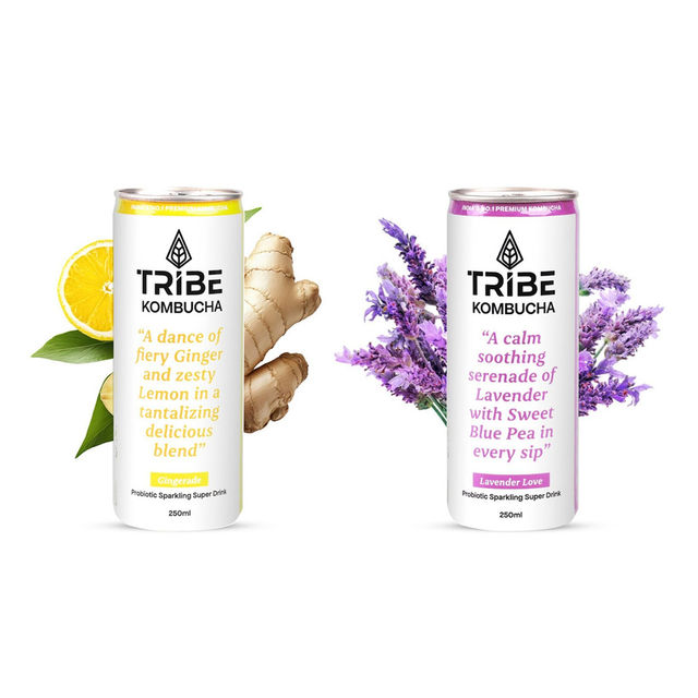 Tribe Naturally Sparkling Probiotic Green Tea With Ginger & Lemon Kombucha (250ml) & Tribe Naturally Sparkling Probiotic Green Tea With Blue Pea & Lavender Kombucha (250ml) Combo 