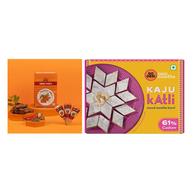 Tangy Imli (Tamarind) 10 Pcs Sour Candy | No Refined Sugar | Lollipop By Go Desi (10pc) & Premium Kaju Katli, 61% Cashew | Burfi | Kaju Katri | Sweets By Go Desi (200g) Combo