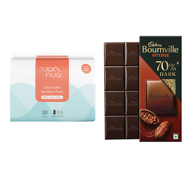 Cadbury Bournville Rich Cocoa 70% Dark Chocolate Bar (75g) & Nua Complete Comfort Pads Heavy Flow Essentials Pack (30Xl+) (30pc) Combo