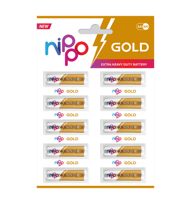 Nippo 3DG Gold AA Battery | 1.5 V | Leakproof | For Toys, Remotes, Clocks, Wireless Mouse - Pack of 10