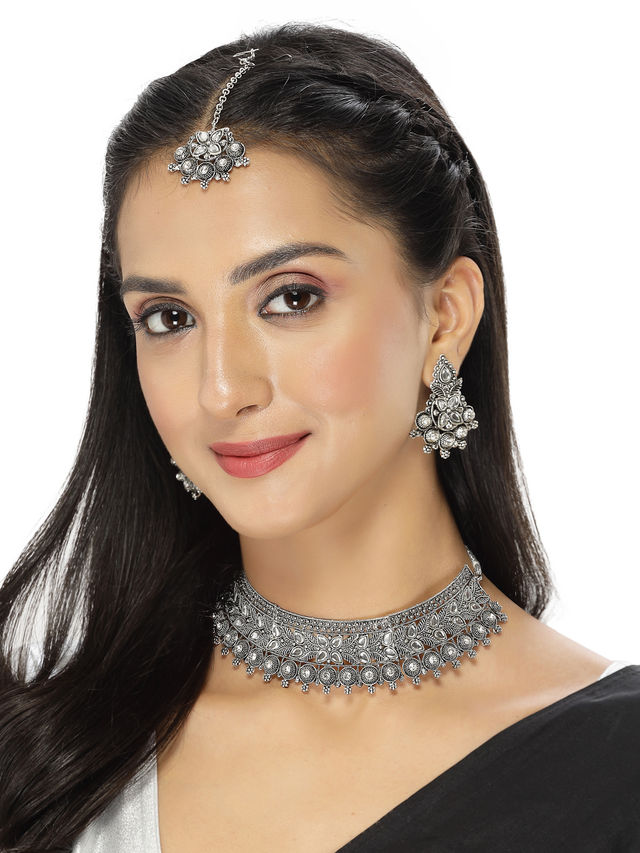 Sukkhi Oxidised Silver Plated Choker Necklace Set With Earring