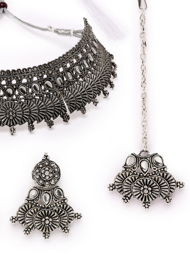 Sukkhi Oxidised Silver Plated Choker Necklace Set With Earring