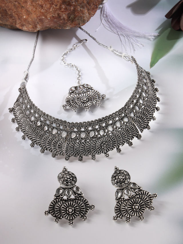 Sukkhi Oxidised Silver Plated Choker Necklace Set With Earring