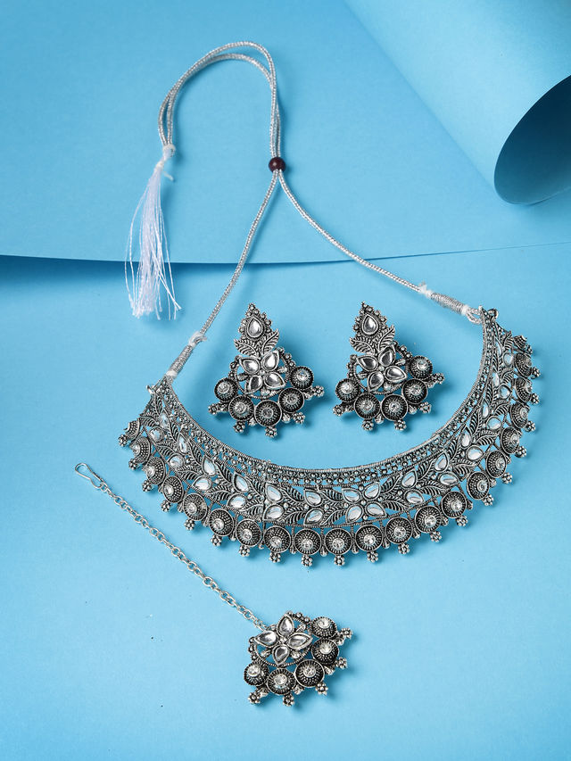 Sukkhi Oxidised Silver Plated Choker Necklace Set With Earring