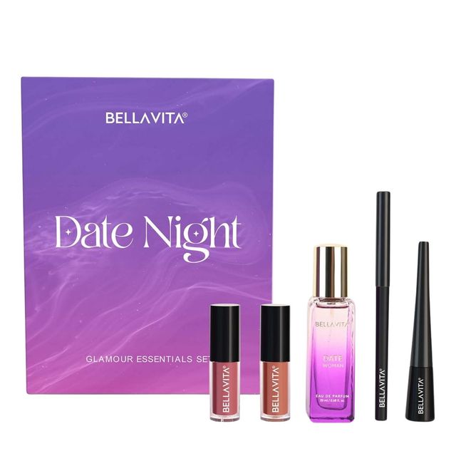 BELLAVITA Date Night Gift Set for Women Pack of 5 | 2 Mini Liquid Lipstick, Kajal, Eyeliner, Date Perfume for Women