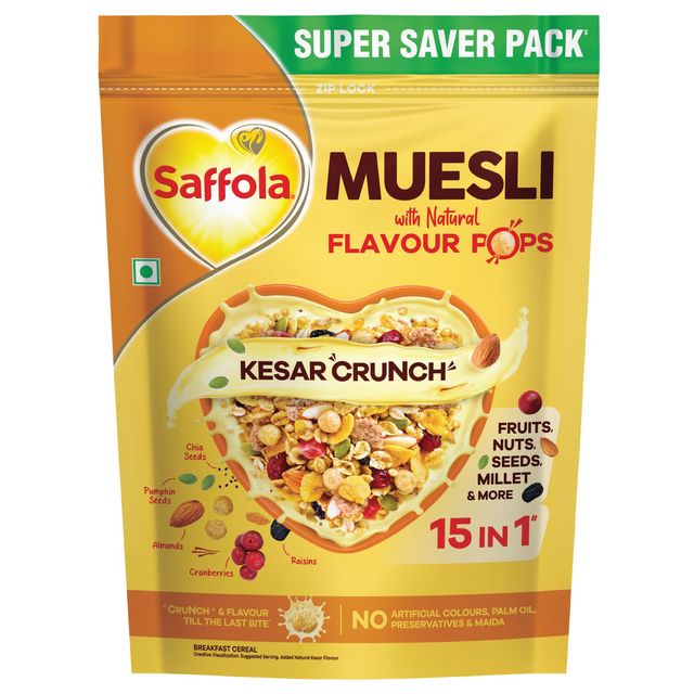 Saffola Muesli Kesar Crunch With Flavour Pops | 15 In 1 Fruit And Nuts | Seeds, Millet & More