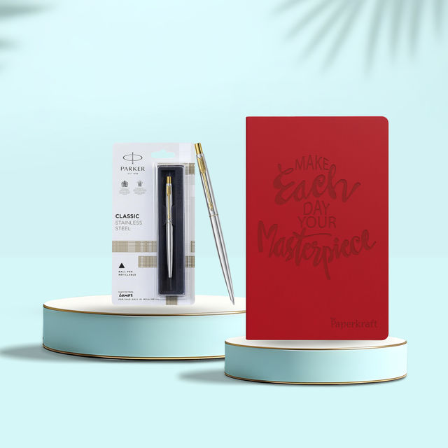 Parker Classic Stainless Steel Gold Trim Ball Pen| Ink Color - Blue | Corporate Gift (1pc) & Paperkraft Designer Series With Pu Leather - Red Color, 192 Pages, Pack Of 1-Set Of 1 (1pc) Combo