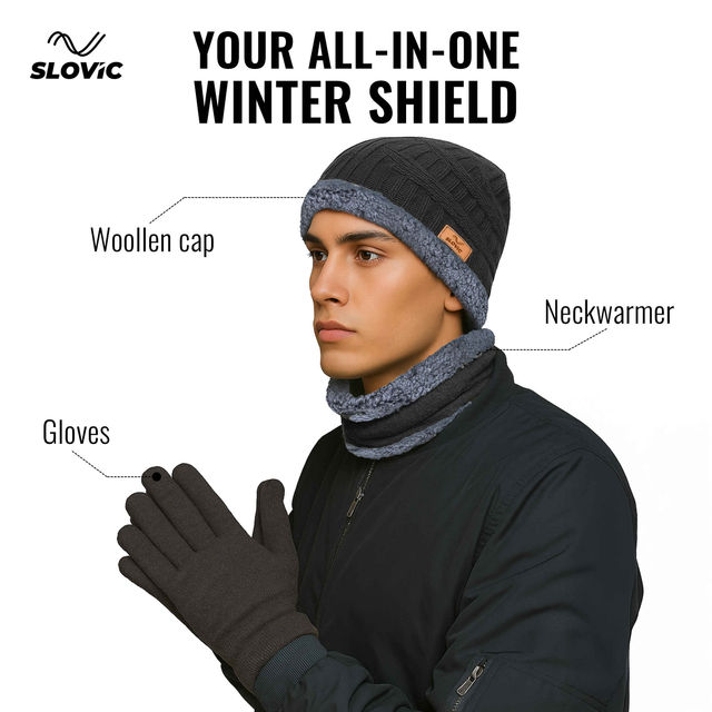 Slovic Stylish Acrylic Wool Winter Cap with Neck & Hand Gloves Set
