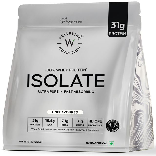 Wellbeing Nutrition 100% Whey Protein Isolate -Unflavoured | 31G Protein - 15.4G EAA - 7.1G BCAA