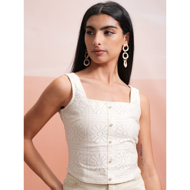 ぷ*ん様 gypsohilaTwinkle Tops White Tokyo Talkies Women's Cropped Solid Crochet Sleeveless Top - Buy