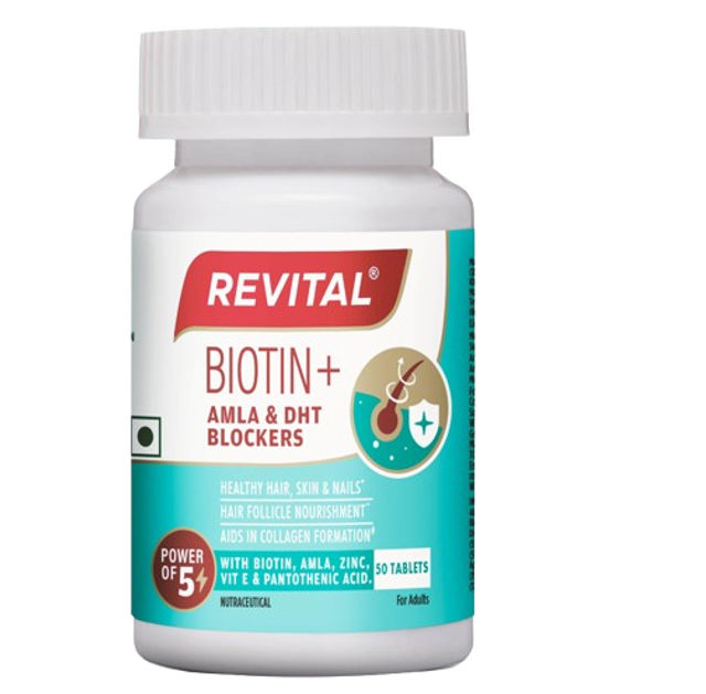 Revital Biotin with Zinc + DHT Blockers for Hair Growth | Vitamin E & Pantothenic Acid | 50 Tablets