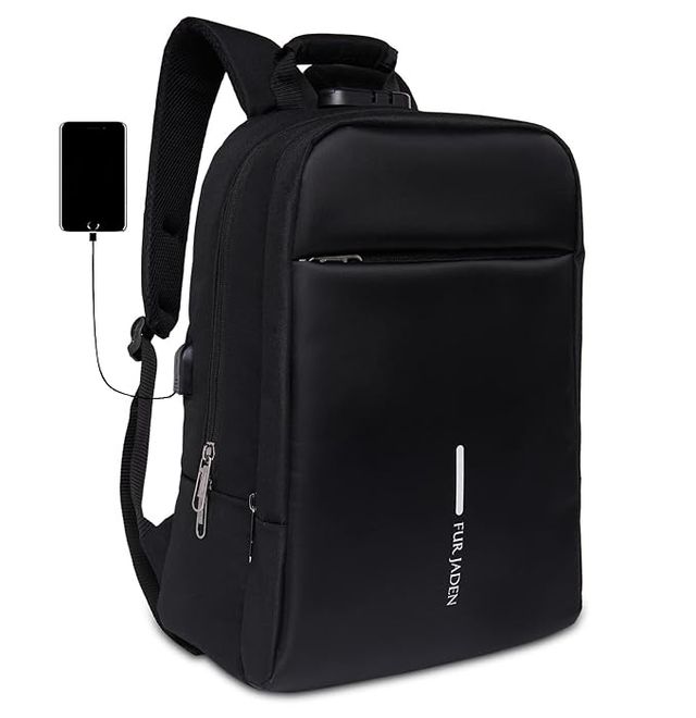 Fur Jaden Black AntiTheft Backpack with USB Port & Number Lock. Padded