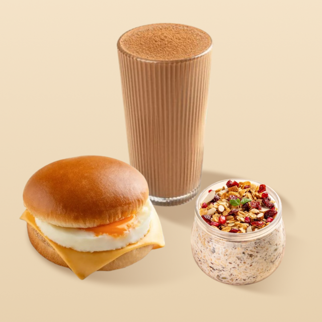 Millet Muesli Almond & Cranberry + Double Egg & Cheese Sandwich + Whey Protein Chocolate Shake 