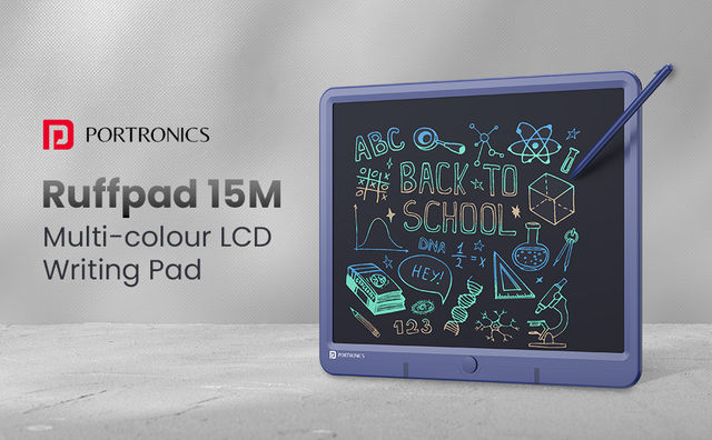 Portronics Ruffpad 15M 15Inch Re-Writable Multicolor LCD Writing  Pad with Smart Lock,India's first notepad to save and share your child's